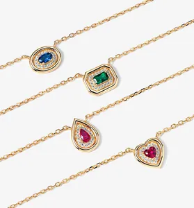 Detail of S925 sterling silver necklaces with heart, pear, and emerald cut pendants.