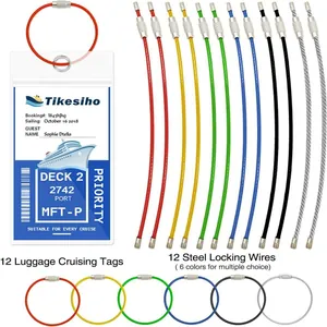Detail of 12 waterproof PVC cruising luggage tags with 6 colors of steel locking wires.