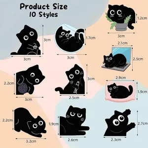 Detail view of 10 styles of black cat magnetic bookmarks with specific dimensions