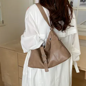 Fashionable brown faux leather hobo shoulder bag for women with stylish buckle detail