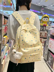 Cute Japanese style large capacity school backpack with star pattern and bear pendant