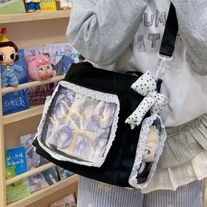 Stylish black large capacity ita bag featuring elegant lace windows for anime fans