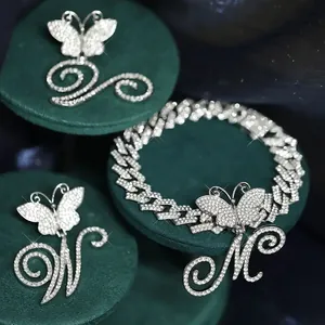 Hip-Hop Cuban Link Fußkettchen mit Schmetterling und Strass-Initialen Anhängern