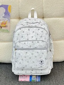 Grey and white star pattern school backpack for students with spacious compartments