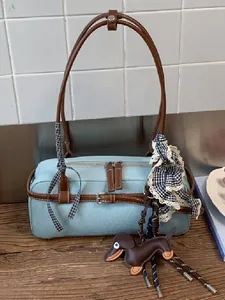 Women Fashion Contrast Color Boston Bag PU Leather Large Capacity Shoulder Bag Underarm Handbag With Pendant
