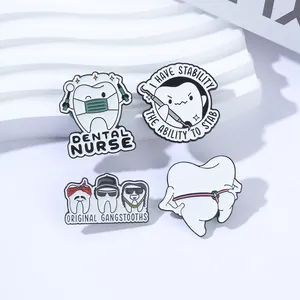Detailed view of four funny dental-themed enamel pins with quirky captions and designs.