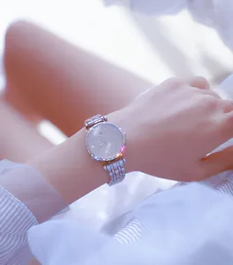 Detailed macro view of silver encrusted BS Bee Sister luxury women watch on wrist