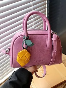 Fashion PU Leather Pillow Bag Women Elegant Boston Shoulder Crossbody Bag With Woven Fruit Charm Exquisite Stitching Daily Satchel