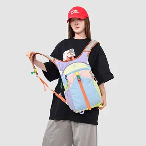 Lifestyle shot of an Asian woman carrying a vibrant dopamine color-block travel backpack