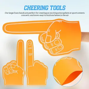 Detailed views of orange giant foam fingers for sports and cheerleader cheering events.