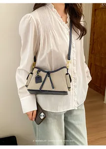 Bolso retro sofisticado de lona y cuero azul marino para mujer, estilo primaveral