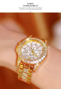 Close-up of luxury gold watch for women featuring full pavé diamond setting.