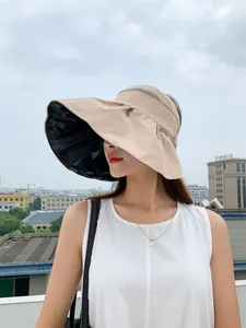 Close-up of stylish wide-brimmed sun hat with black vinyl lining for UV protection