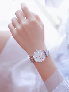 Elegant silver women's watch featuring a full rhinestone iced-out dial on wrist