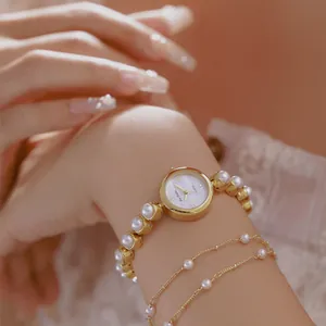 Bee Sister Damen Quarzuhr Vintage Leichter Luxus Legierung Künstliche Perle Armbanduhr Römische Zahlen Wasserfest