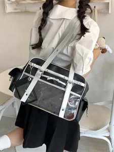 Japanese anime style black and silver tote bag with transparent display window for pins