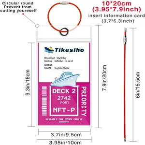 Detailed dimension diagram of transparent PVC cruise luggage tag with red wire loop.