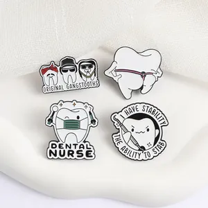 Collection of funny dental-themed enamel pins featuring quirky tooth designs and puns