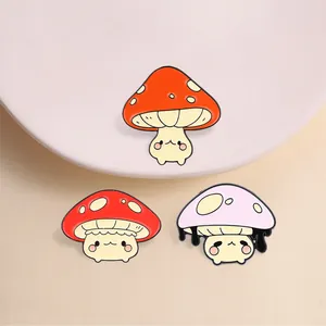 Three cute cartoon mushroom enamel pins set for backpacks and clothing detail view