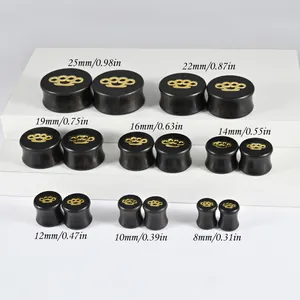 Black ebony wood ear plugs with gold knuckle duster inlay, various sizes 8mm to 25mm