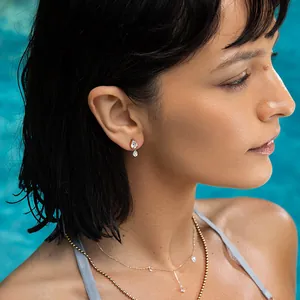Elegant S925 sterling silver water drop zircon earrings with vintage design on model.