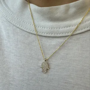 Collana mano di Hamsa in argento sterling S925 con zirconi cubici su maglietta