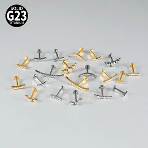 Detailed macro view of assorted G23 solid titanium labret studs set with sparkling CZ stones