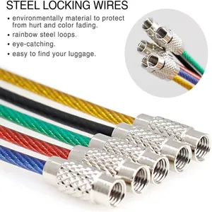 Detailed view of multi-colored steel locking wires for luggage tags with screw connectors.