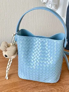 Womens Woven PU Leather Bucket Bag Vintage Casual Shoulder Crossbody Bag Handbag