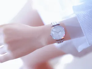 Detailed view of silver BS starry sky rhinestone watch for women with square crystals