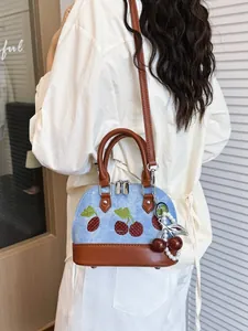 Bolso de mano de mezclilla con bordado de cerezas y colgante de perlas para verano