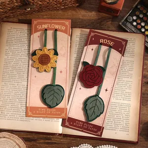Vintage PU Leather Sunflower Rose Flower Bookmark Teacher Gift Page Marker Handmade Floral Bag Charm Reading Accessories