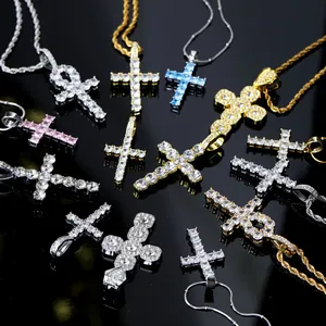 Hip Hop Alloy Rhinestone Cross Pendant Necklace Trendy Iced Out Ankh Cross Jewelry With Rope Chain For Party Men Women