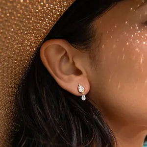 Vintage S925 sterling silver waterdrop zircon stud earrings worn by model for daily wear