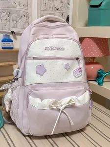 Large capacity cute purple and white student backpack with star patterns and a decorative bow
