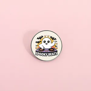Retro Halloween DJ Ghost Metal Pin Zinc Alloy Enamel Spooky Beats Brooch Funny Badge Bat Candy Sunset Lapel Pin Jewelry