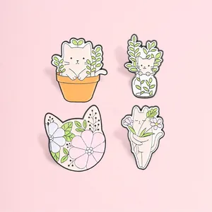 Cartoon Forest Cat Enamel Pin Brooch Zinc Alloy Floral Potted Plant Badge For Clothing Bags Backpacks Accessories Unisex Gift