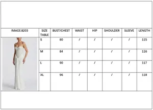 Size chart for white strapless tube top maxi dress with bust and length measurements