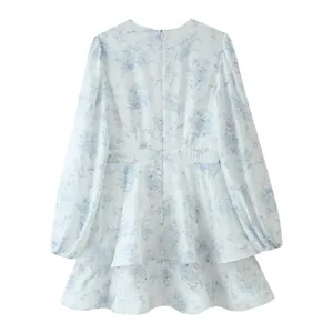 Abito corto a fiori a maniche lunghe celeste con dettaglio zip sul retro elegante
