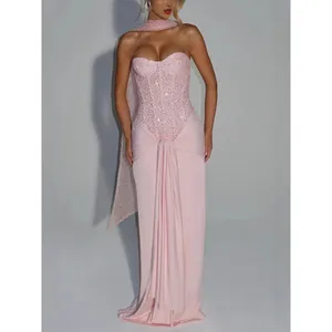 Women Sexy Sequin Bandeau Maxi Dress High Waist Bodycon Splicing Party Evening Gown Long Bodycon Dress For Banquet Wedding