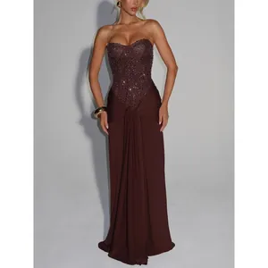 Elegant brown sequin strapless evening gown featuring a draped high-waisted maxi skirt