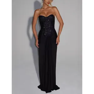 Elegant black strapless sequined evening gown with slim-fit floor-length silhouette