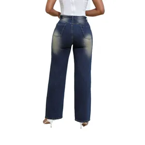 Back view of stylish high-waisted washed blue denim straight-leg jeans for women