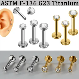 G23 Titanium Internally Threaded Labret Stud Round Zirconia Ear Cartilage Piercing Jewelry Gold Silver Piercing Lip Stud