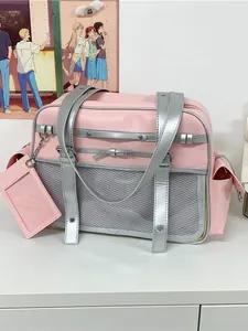 Pink Japanese anime style tote bag with mesh panel and silver straps