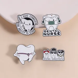 Funny dental-themed enamel pins with "Dental Nurse" and "Gangstooths" slogans for nurses.