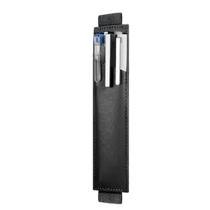 Vue détaillée de l'étui à stylo en cuir PU noir avec bande élastique pour carnet