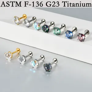 Detailed view of ASTM F-136 G23 titanium labrets with colorful heart and round zircon stones