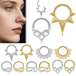Stainless Steel Septum Clicker Segment Ring With Zirconia Hinged Nose Ring Piercing Jewelry Fashion Geometric Heart Spikes Design