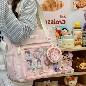 Kawaii pink ita bag tote with clear front display pocket for anime badges and pins